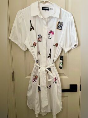 Karl Lagerfeld White Paris-Print Tie-Waist Midi Shirt Dress